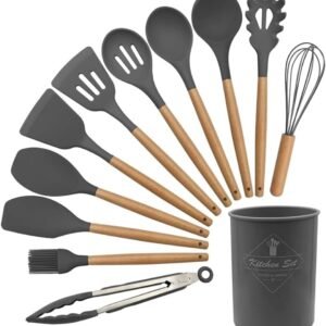 Kit 12 Colheres de Silicone com Suporte Bambu – Prático, Elegante e Completo