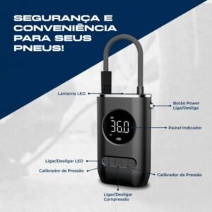 Mini Compressor Digital Portátil Recarregável USB – Calibrador de Ar Preto