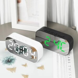 Relógio Despertador Digital de Mesa com Espelho – LED, Termômetro, Alarme e Design Moderno