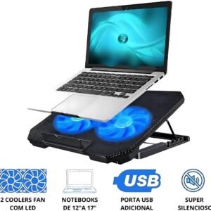 Base Cooler para Notebook e celular com 2 Ventoinhas, LED Azul e Altura Ajustável